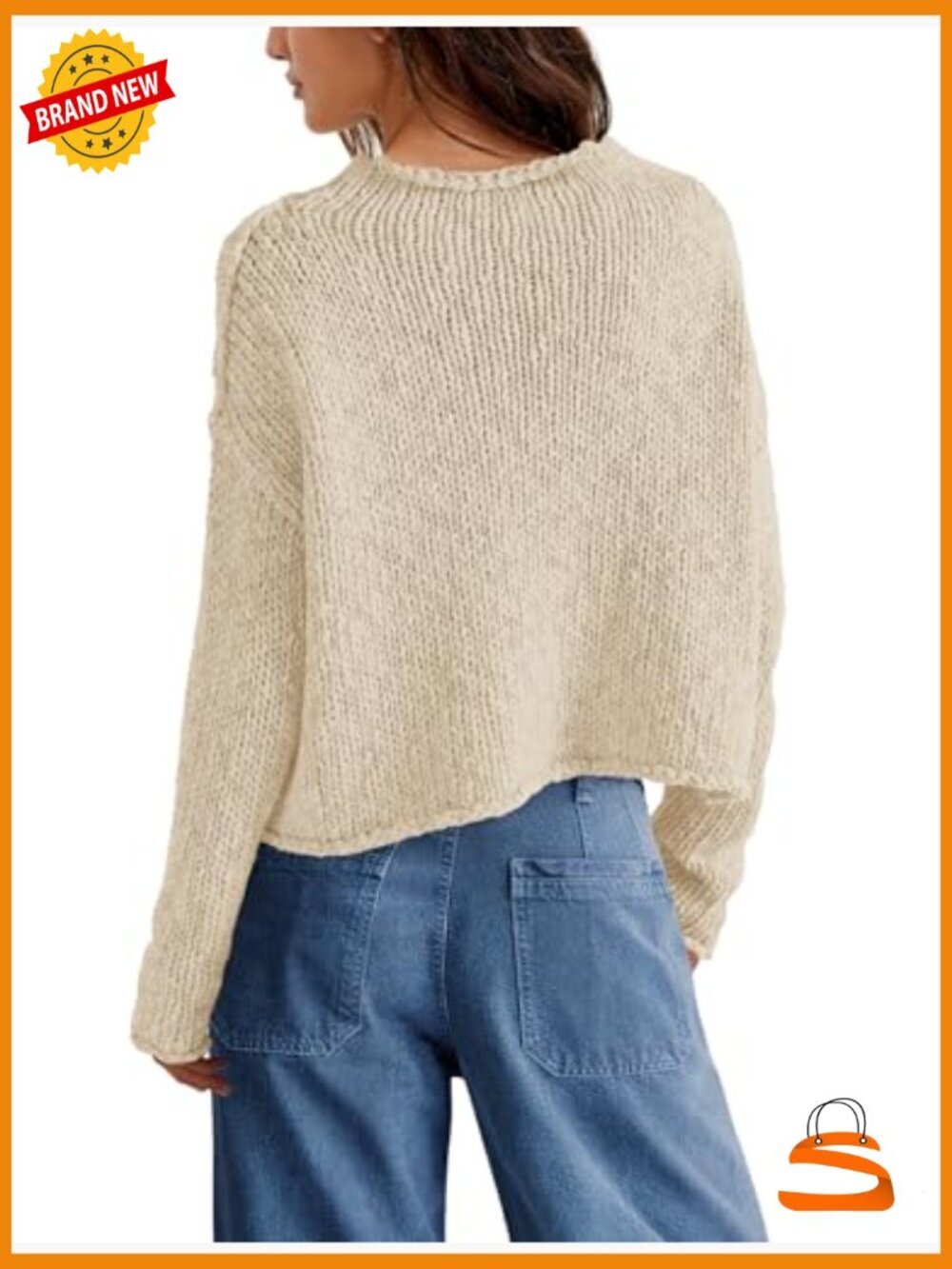 Oversized Cropped Chunky Knit Sweater Long Sleeve Mock Neck Pullover - Picture 5 of 7